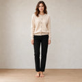 Women's Button Front Cardigan - Crew Neck Fine Knit Long Sleeve - Beige
