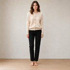 Women's Button Front Cardigan - Crew Neck Fine Knit Long Sleeve - Beige