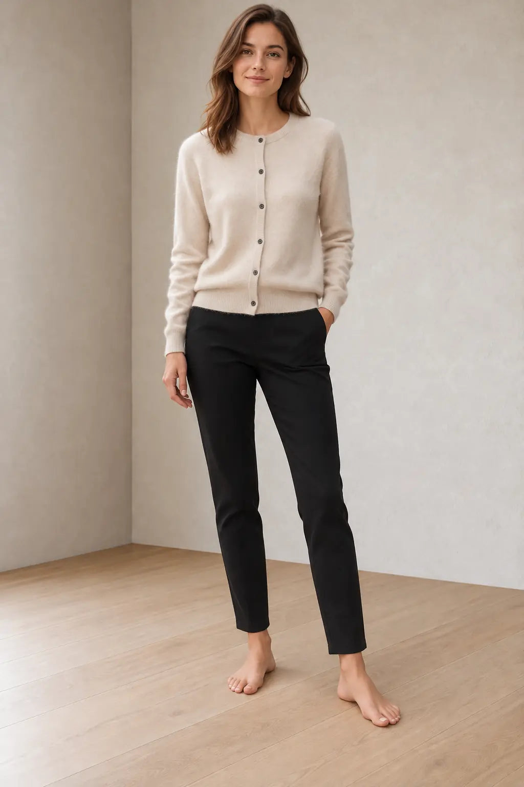 Women's Button Front Cardigan - Crew Neck Fine Knit Long Sleeve - Beige