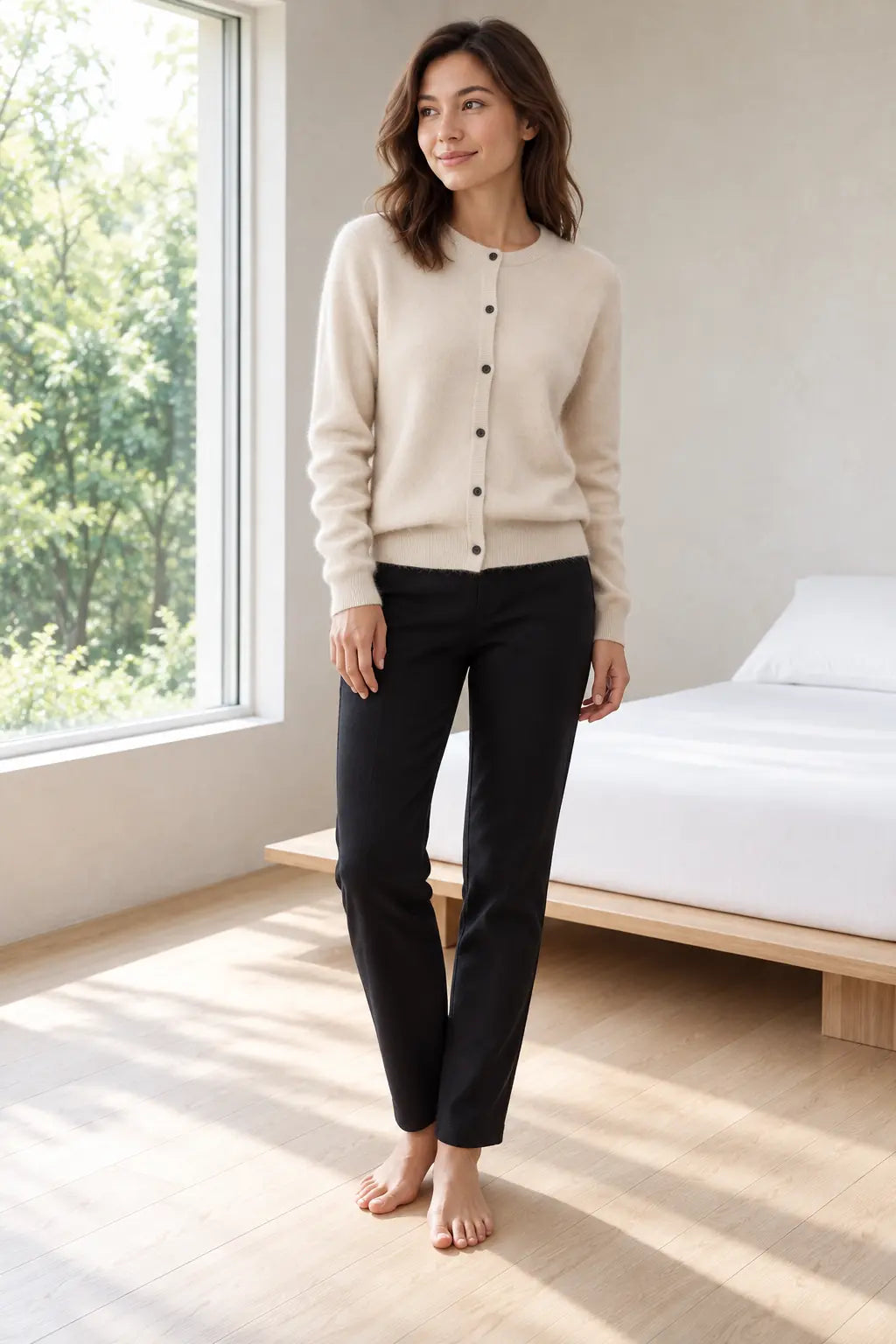Women's Button Front Cardigan - Crew Neck Fine Knit Long Sleeve - Beige