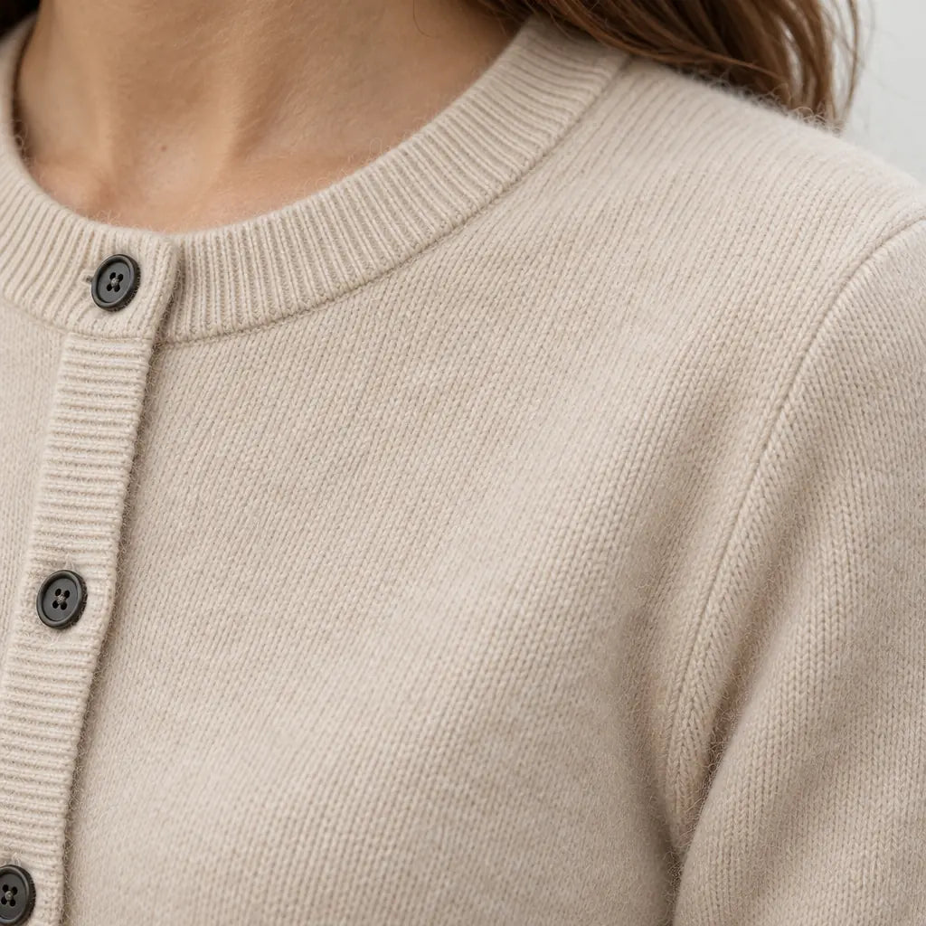 Women's Button Front Cardigan - Crew Neck Fine Knit Long Sleeve - Beige