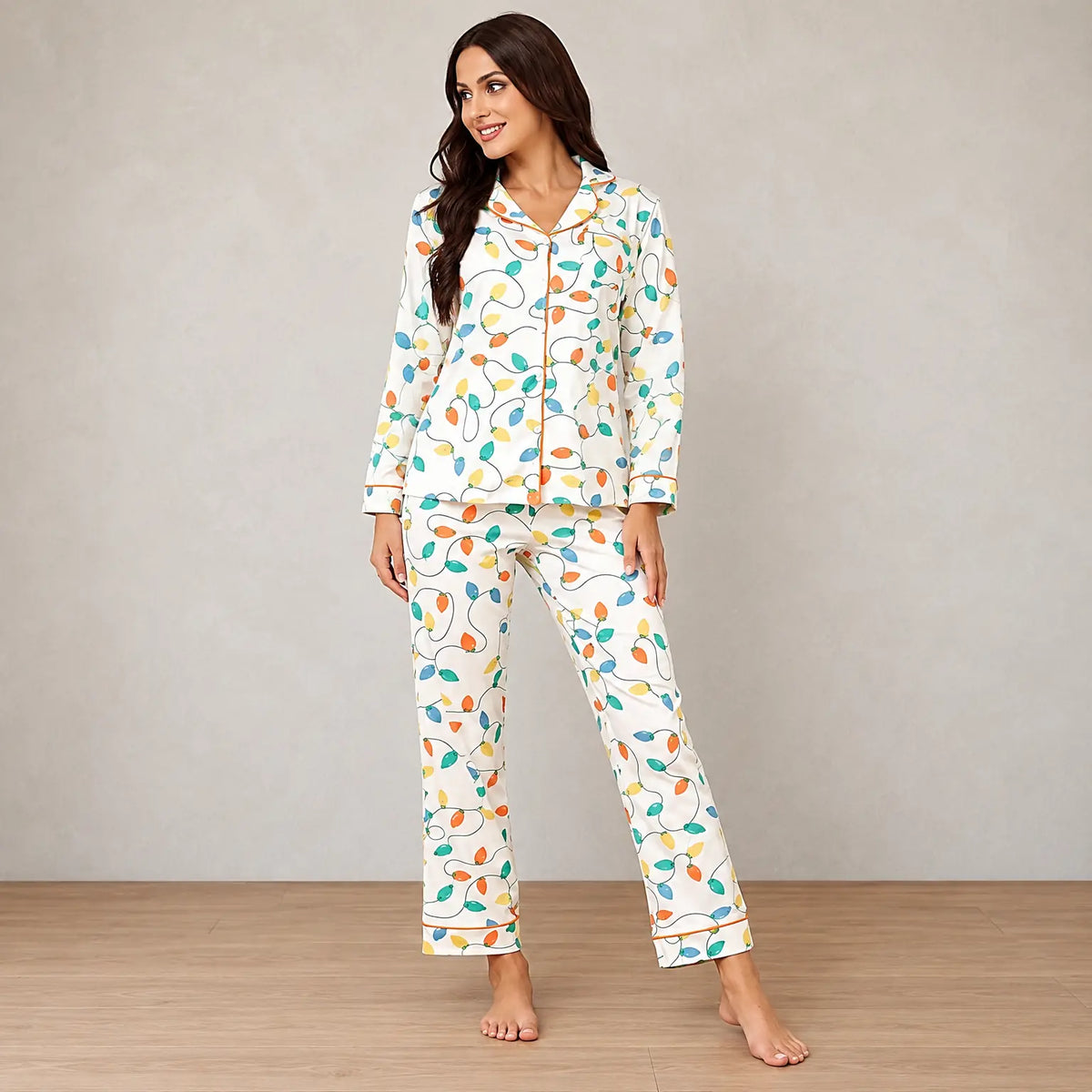 Christmas Pajamas - Women's Cotton Lapel Collar Button-Front Long Sleeve Set - Cream Lights