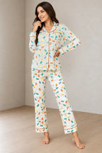 Christmas Pajamas - Women's Cotton Lapel Collar Button-Front Long Sleeve Set - Cream Lights