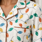 Christmas Pajamas - Women's Cotton Lapel Collar Button-Front Long Sleeve Set - Cream Lights