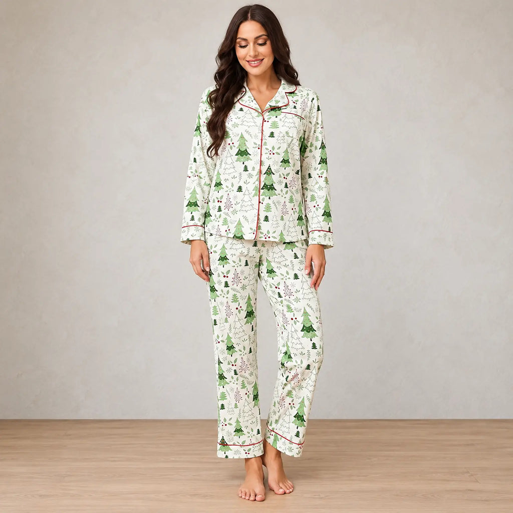 Christmas Pajamas - Women's Cotton Lapel Collar Button-Front Long Sleeve Set - White Trees
