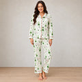 Christmas Pajamas - Women's Cotton Lapel Collar Button-Front Long Sleeve Set - White Trees