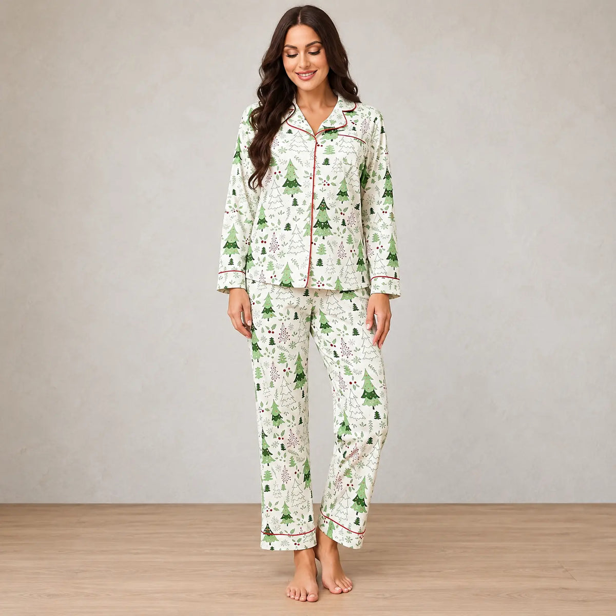 Christmas Pajamas - Women's Cotton Lapel Collar Button-Front Long Sleeve Set - White Trees