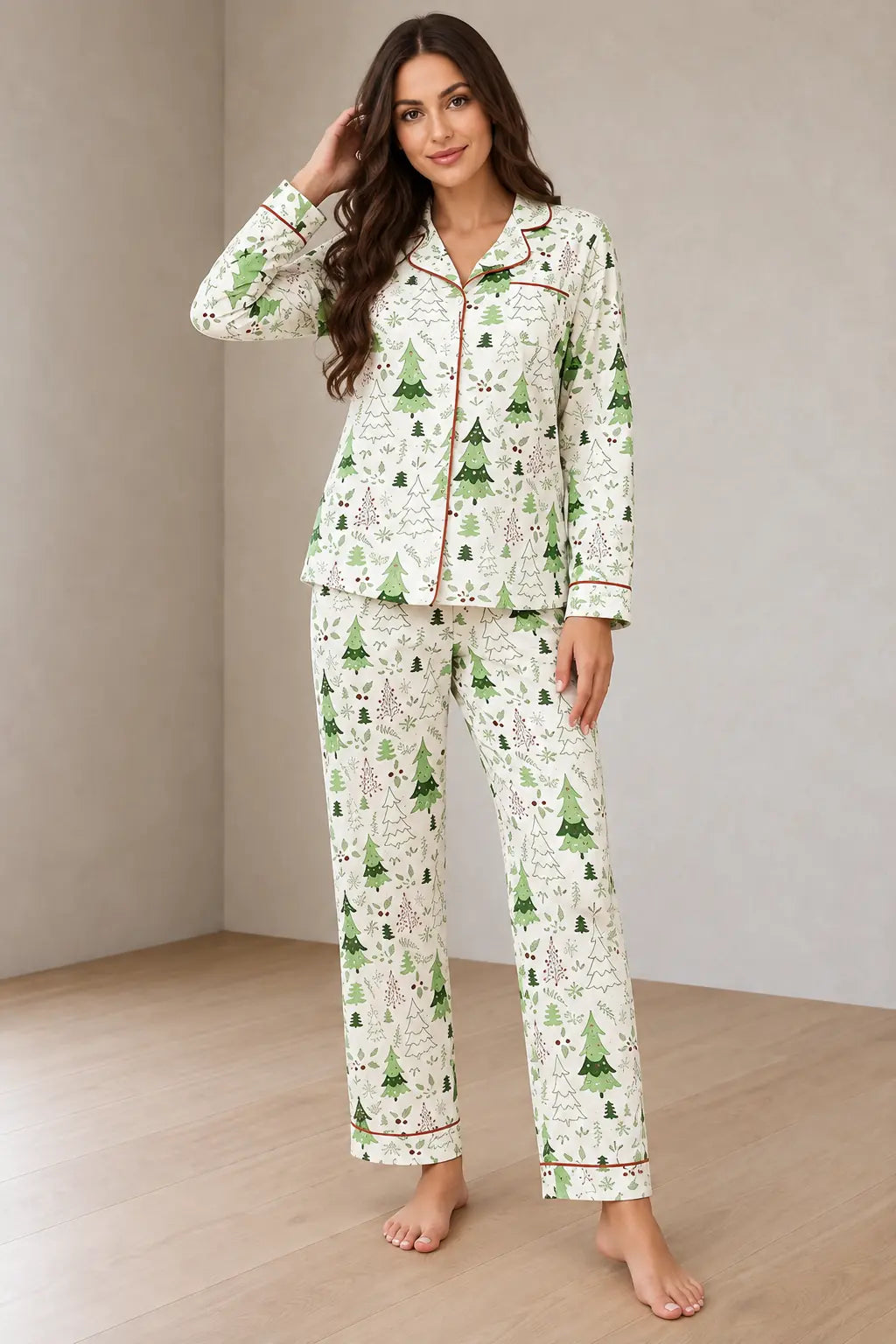 Christmas Pajamas - Women's Cotton Lapel Collar Button-Front Long Sleeve Set - White Trees