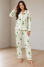 Christmas Pajamas - Women's Cotton Lapel Collar Button-Front Long Sleeve Set - White Trees