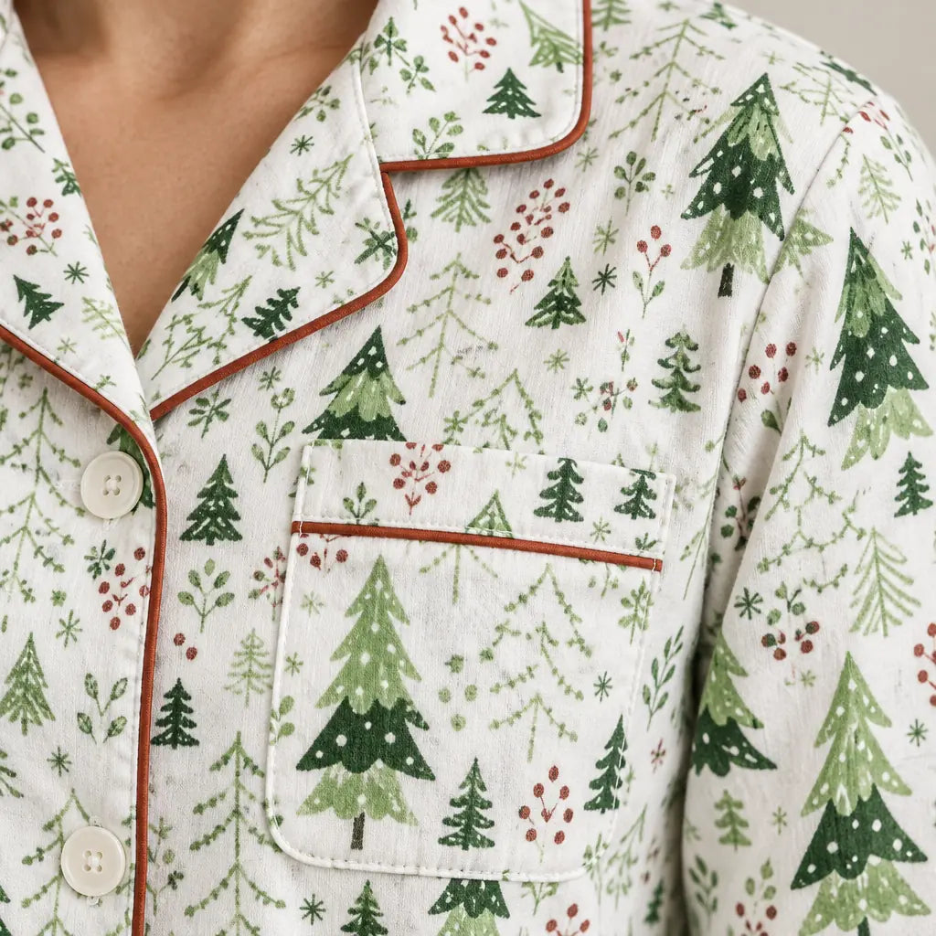 Christmas Pajamas - Women's Cotton Lapel Collar Button-Front Long Sleeve Set - White Trees