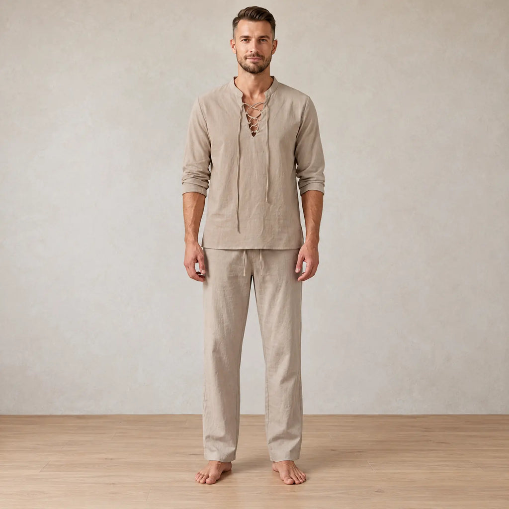 Men's Linen Set - Lace-Up V Neck Long Sleeve Top & Drawstring Pants - Khaki