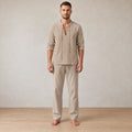 Men's Linen Set - Lace-Up V Neck Long Sleeve Top & Drawstring Pants - Khaki