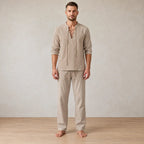 Men's Linen Set - Lace-Up V Neck Long Sleeve Top & Drawstring Pants - Khaki