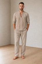 Men's Linen Set - Lace-Up V Neck Long Sleeve Top & Drawstring Pants - Khaki