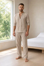 Men's Linen Set - Lace-Up V Neck Long Sleeve Top & Drawstring Pants - Khaki