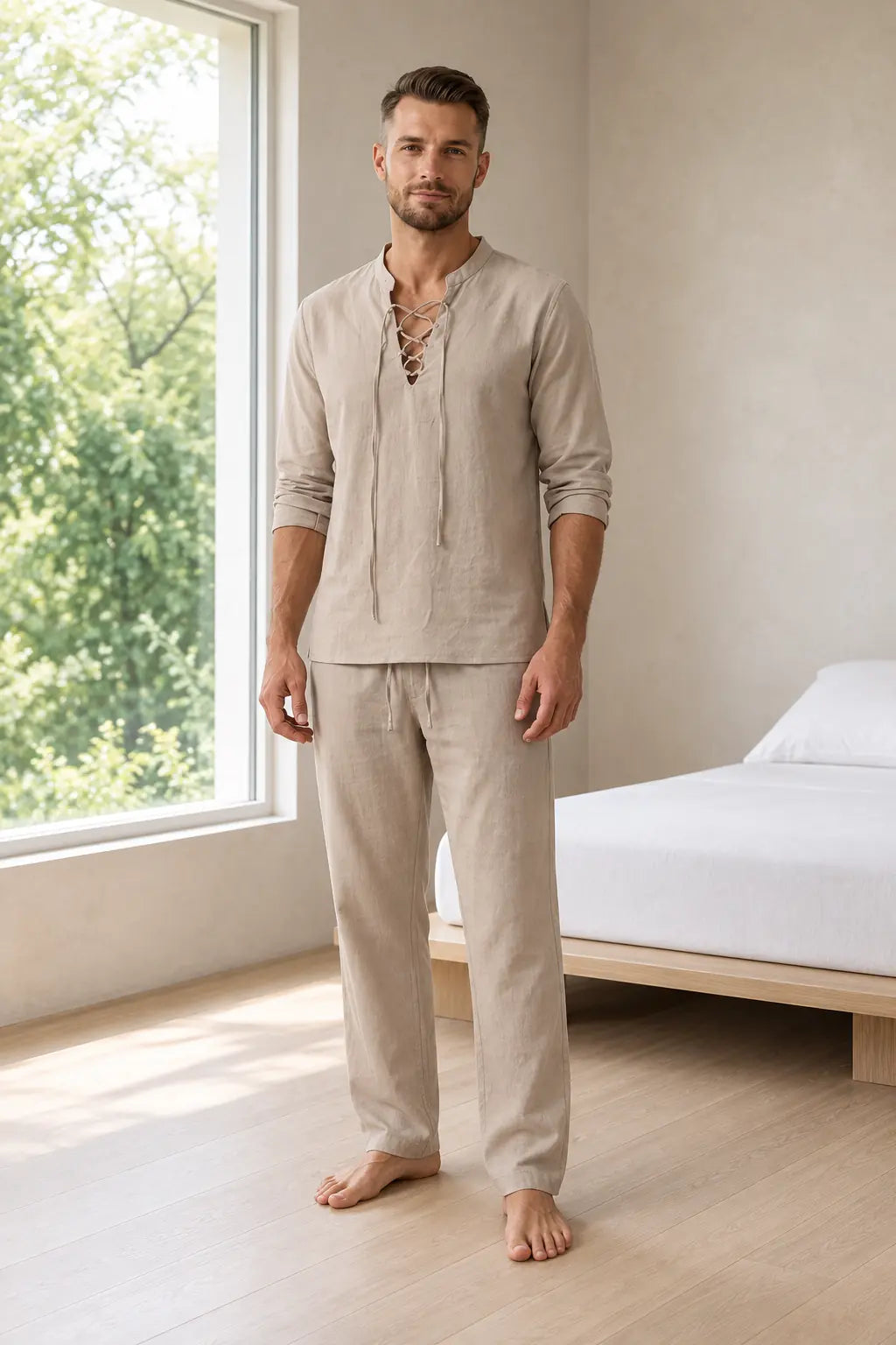 Men's Linen Set - Lace-Up V Neck Long Sleeve Top & Drawstring Pants - Khaki