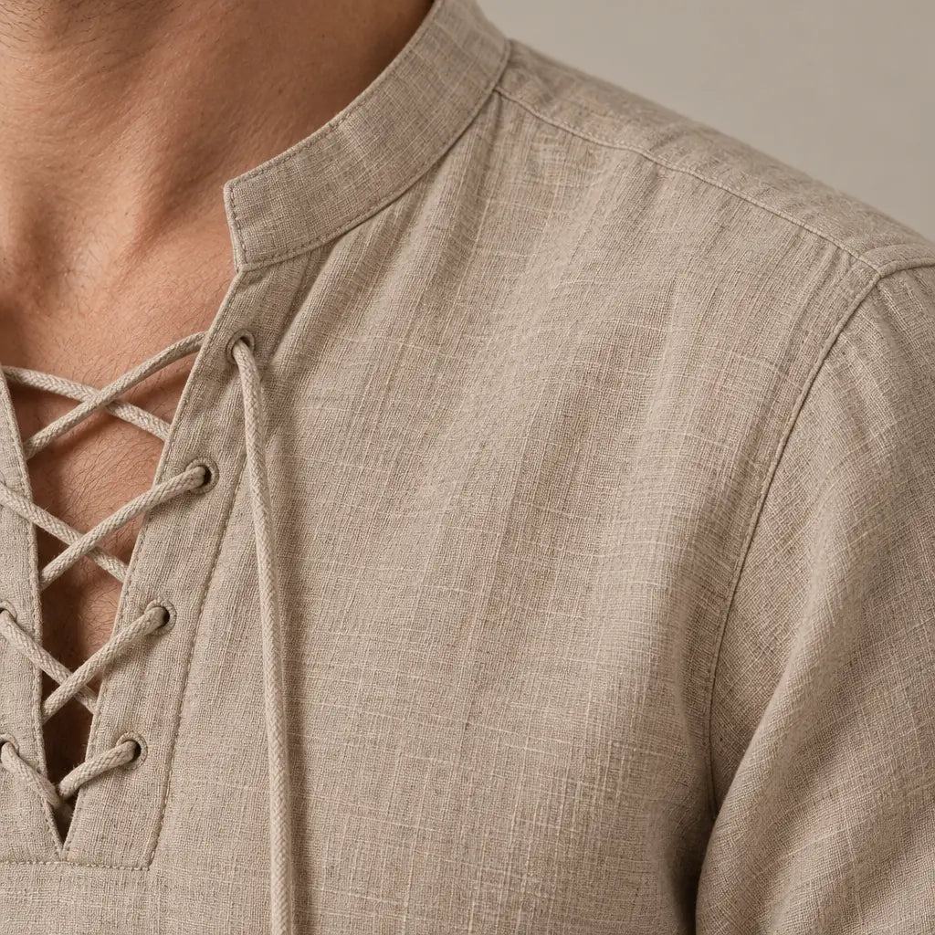 Men's Linen Set - Lace-Up V Neck Long Sleeve Top & Drawstring Pants - Khaki