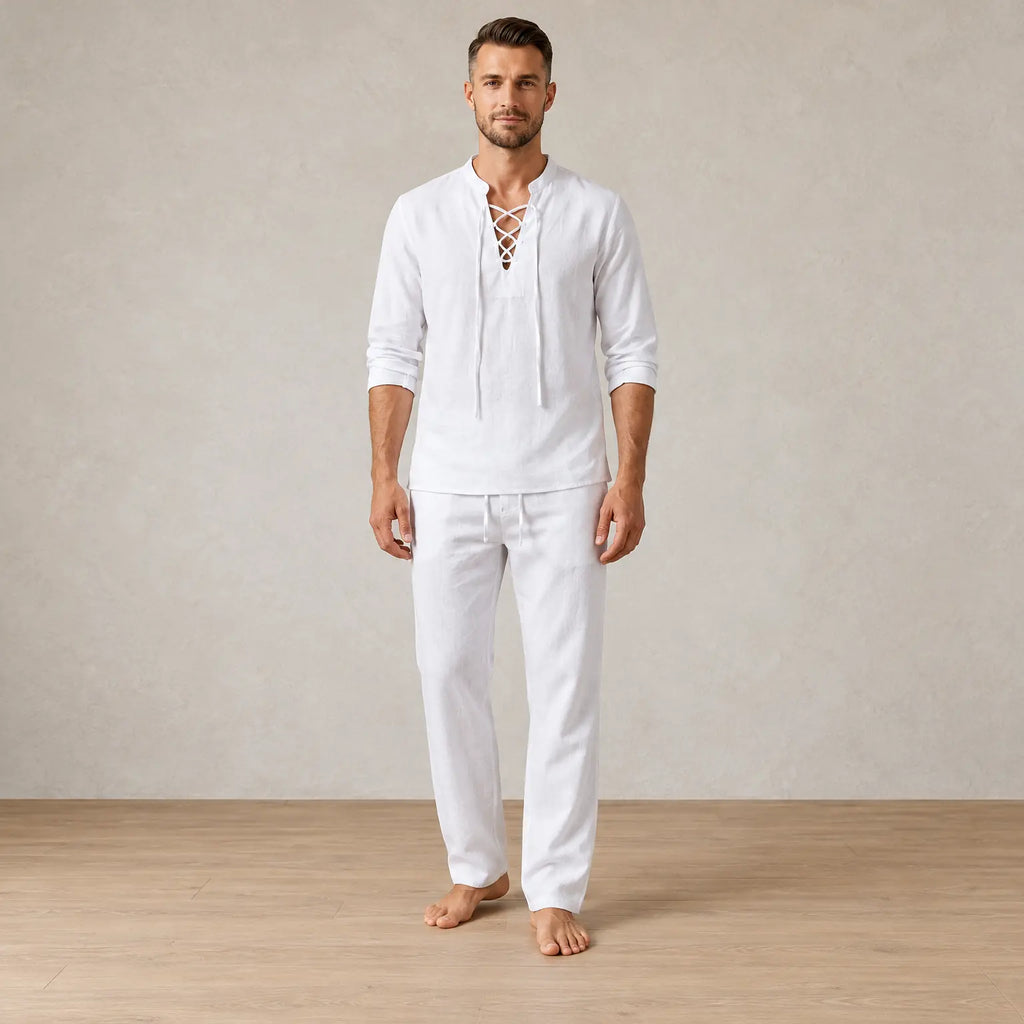Men's Linen Set - Lace-Up V Neck Long Sleeve Top & Drawstring Pants - White