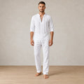 Men's Linen Set - Lace-Up V Neck Long Sleeve Top & Drawstring Pants - White