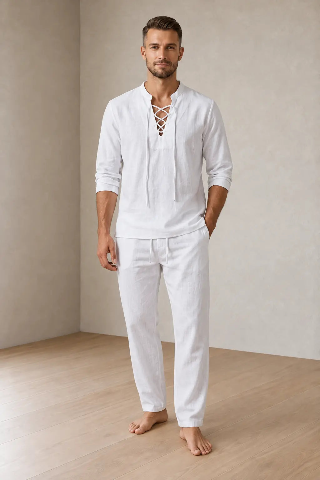 Men's Linen Set - Lace-Up V Neck Long Sleeve Top & Drawstring Pants - White