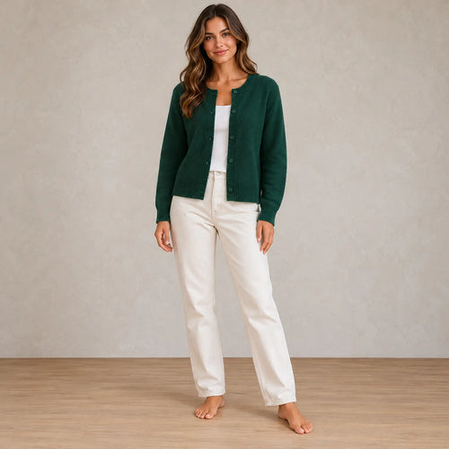 Button Front Cardigan - Women's Round Neck Long Sleeve Soft Knit - Green