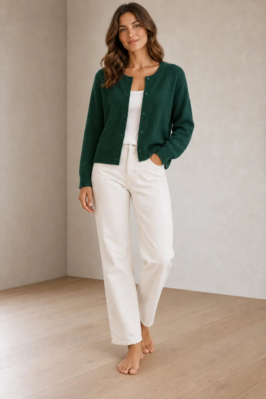 Button Front Cardigan - Women's Round Neck Long Sleeve Soft Knit - Green