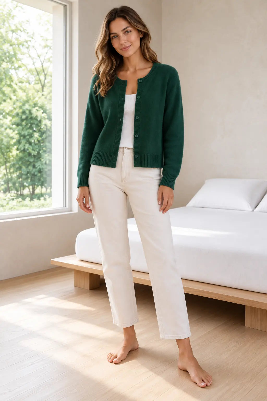 Button Front Cardigan - Women's Round Neck Long Sleeve Soft Knit - Green