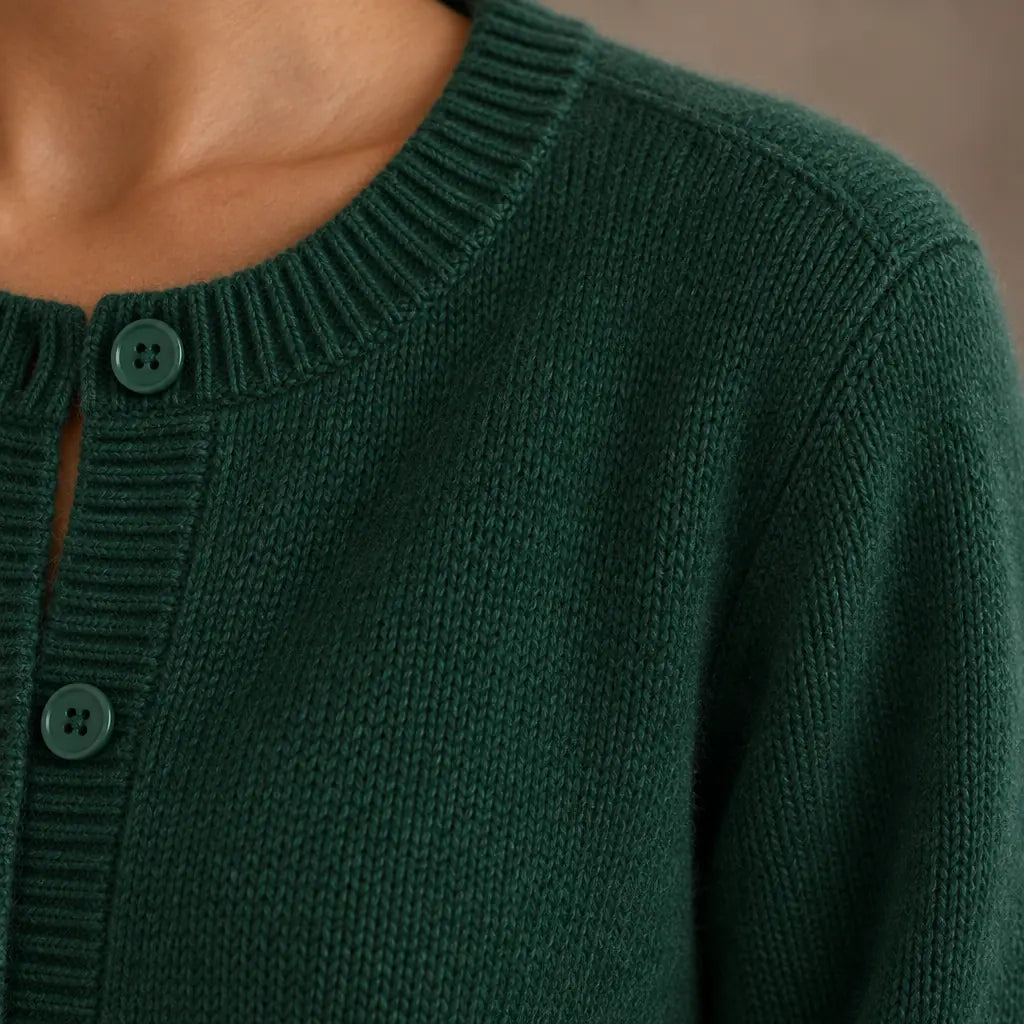 Button Front Cardigan - Women's Round Neck Long Sleeve Soft Knit - Green