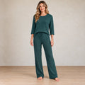 Sweater Set - Women's Ribbed Knit Crew Neck Long Sleeve Top & Pants - Army Green