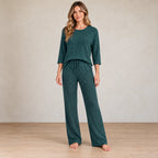 Sweater Set - Women's Ribbed Knit Crew Neck Long Sleeve Top & Pants - Army Green