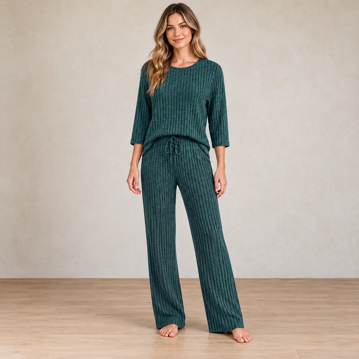 Sweater Set - Women's Ribbed Knit Crew Neck Long Sleeve Top & Pants - Army Green