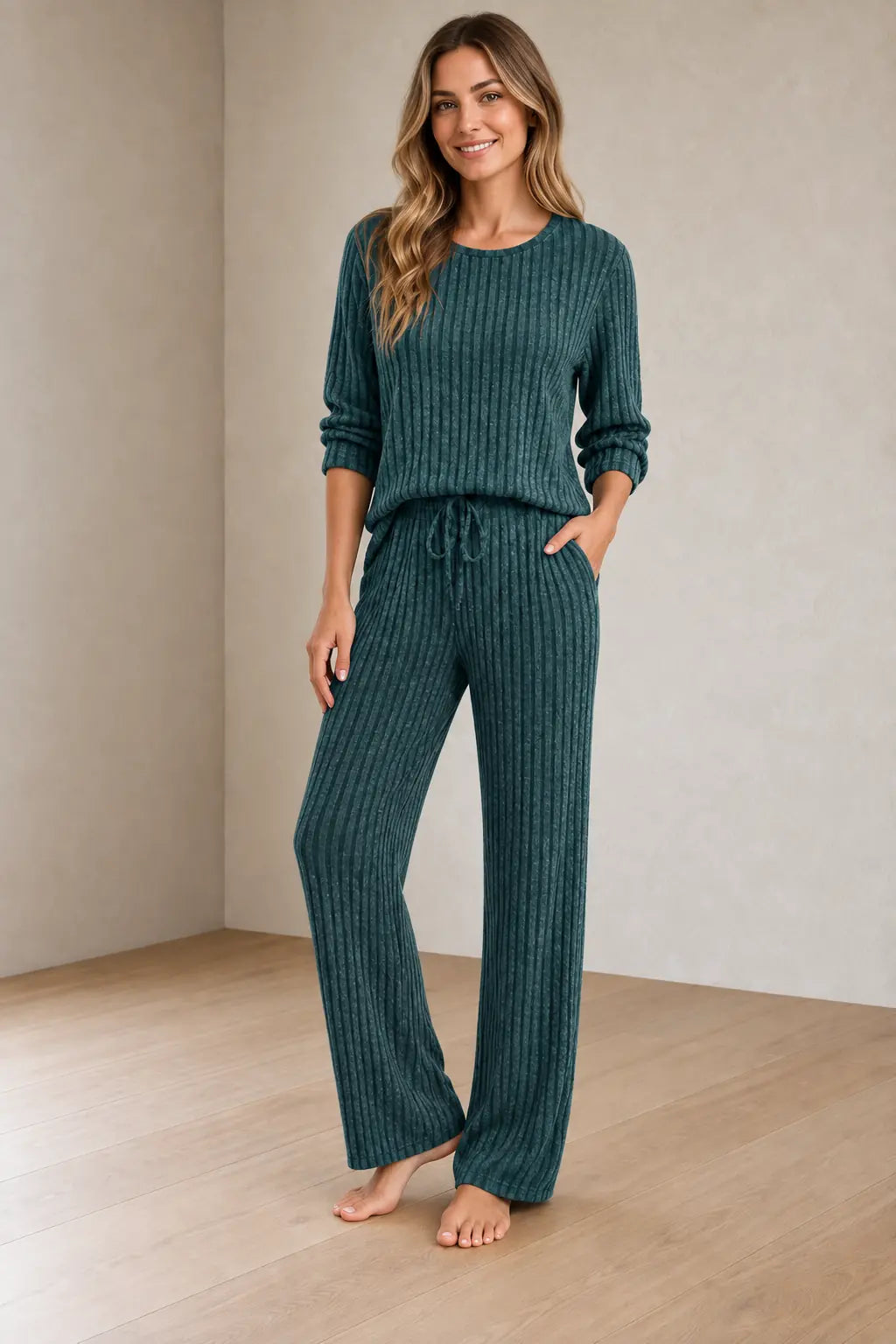 Sweater Set - Women's Ribbed Knit Crew Neck Long Sleeve Top & Pants - Army Green