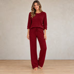 Sweater Set - Women's Ribbed Knit Crew Neck Long Sleeve Top & Pants - Burgundy