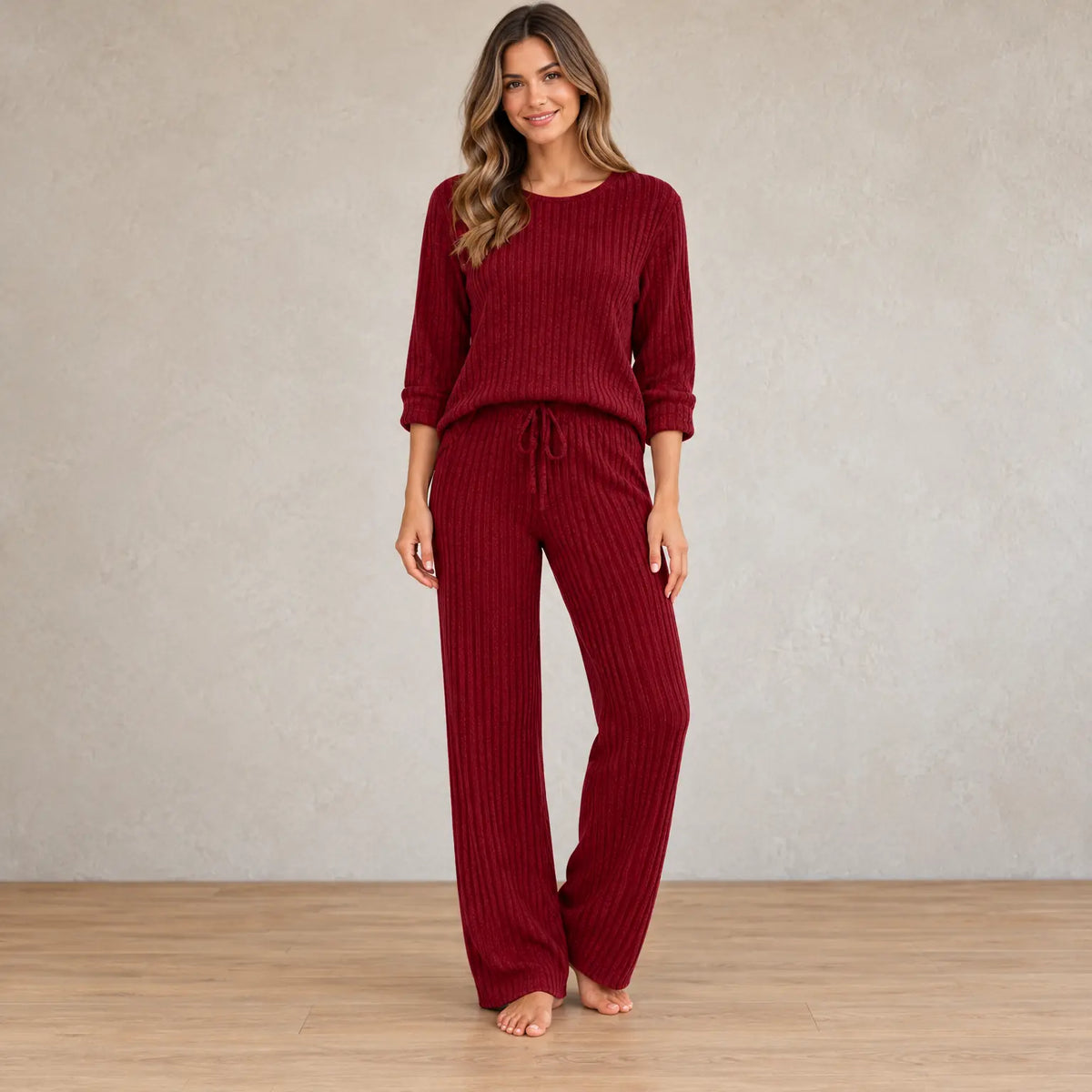 Sweater Set - Women's Ribbed Knit Crew Neck Long Sleeve Top & Pants - Burgundy