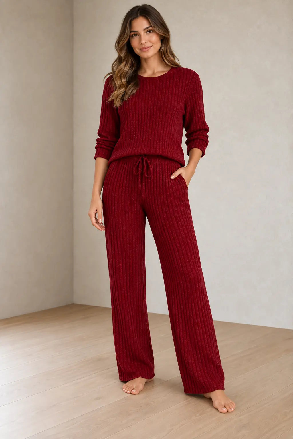 Sweater Set - Women's Ribbed Knit Crew Neck Long Sleeve Top & Pants - Burgundy