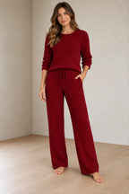 Sweater Set - Women's Ribbed Knit Crew Neck Long Sleeve Top & Pants - Burgundy