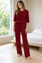 Sweater Set - Women's Ribbed Knit Crew Neck Long Sleeve Top & Pants - Burgundy
