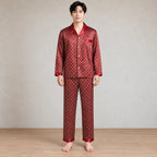 Men's Pajamas - Geometric Print Button Front Long Sleeve Pajama Set - Burgundy