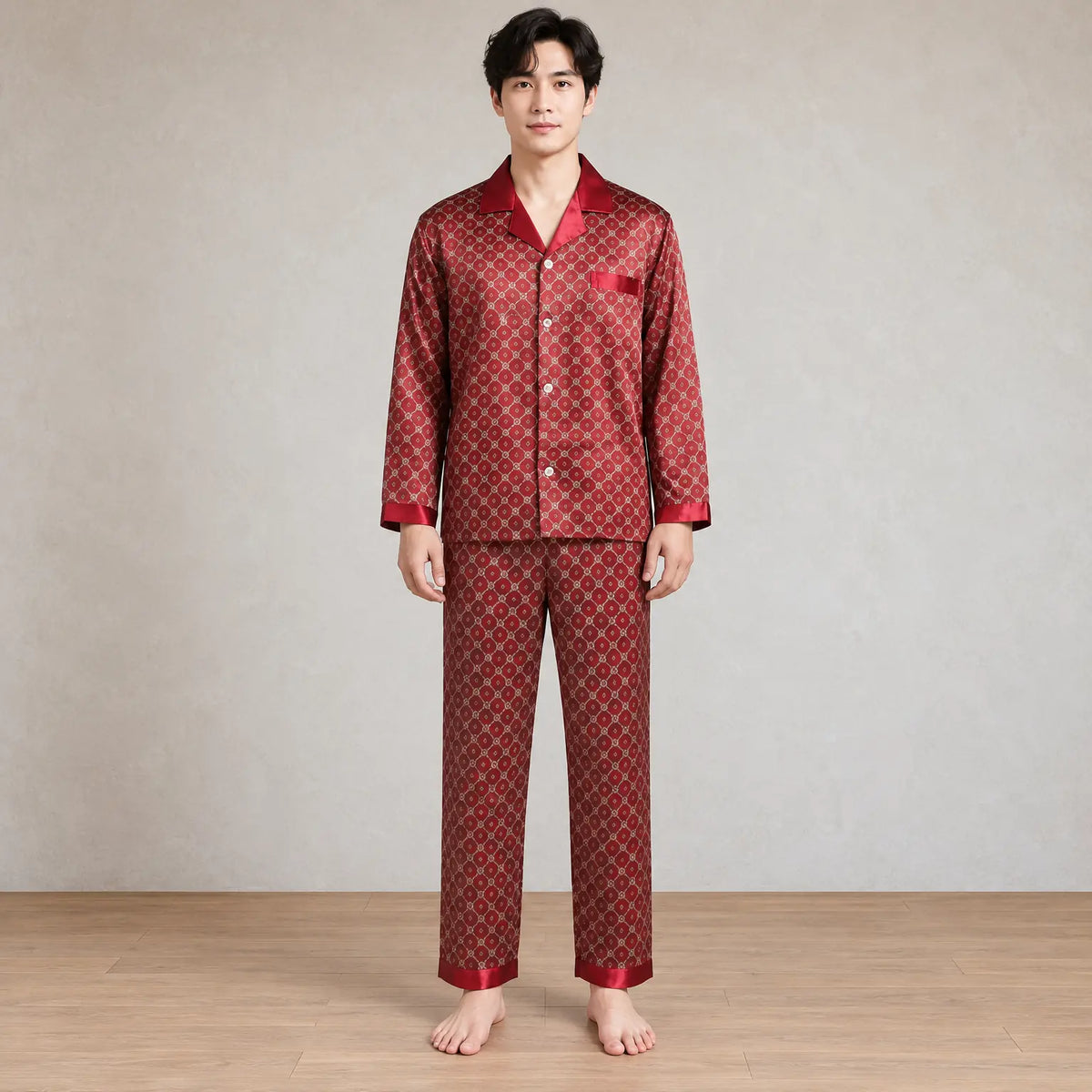 Men's Pajamas - Geometric Print Button Front Long Sleeve Pajama Set - Burgundy