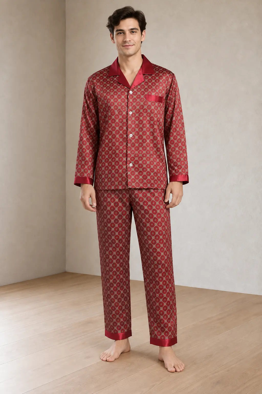 Men's Pajamas - Geometric Print Button Front Long Sleeve Pajama Set - Burgundy