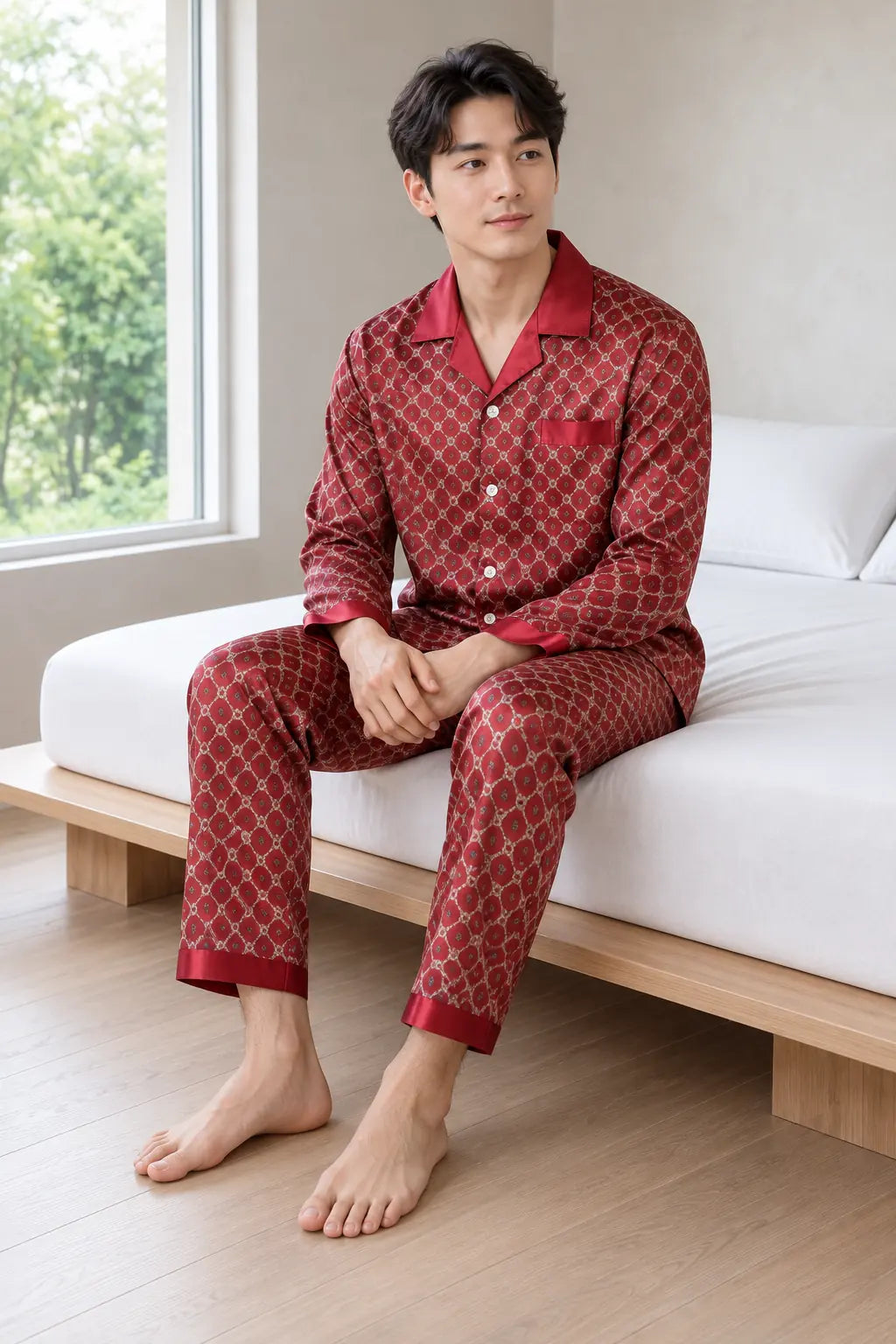Men's Pajamas - Geometric Print Button Front Long Sleeve Pajama Set - Burgundy