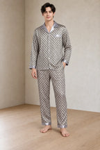 Men's Pajamas - Geometric Print Button Front Long Sleeve Pajama Set - Silver