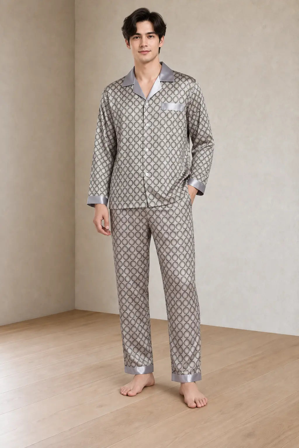 Men's Pajamas - Geometric Print Button Front Long Sleeve Pajama Set - Silver