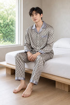 Men's Pajamas - Geometric Print Button Front Long Sleeve Pajama Set - Silver