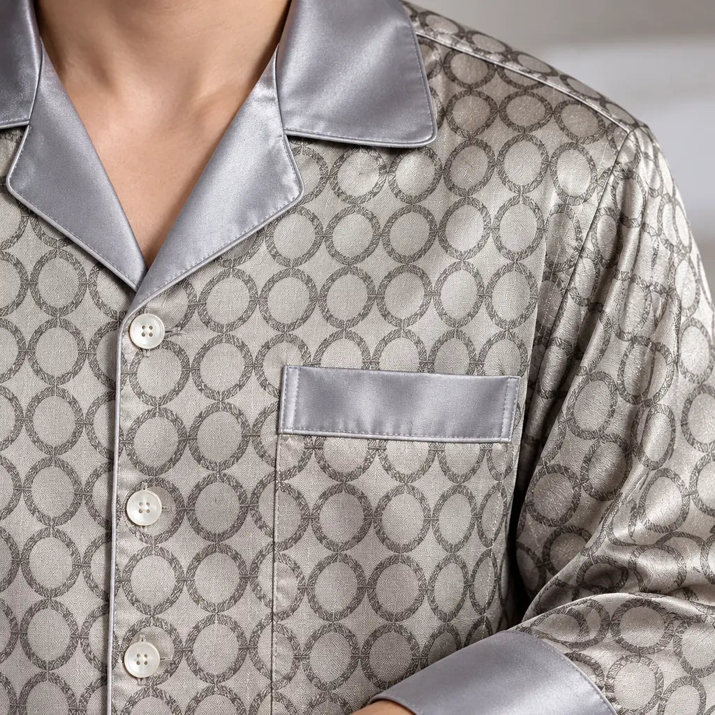 Men's Pajamas - Geometric Print Button Front Long Sleeve Pajama Set - Silver