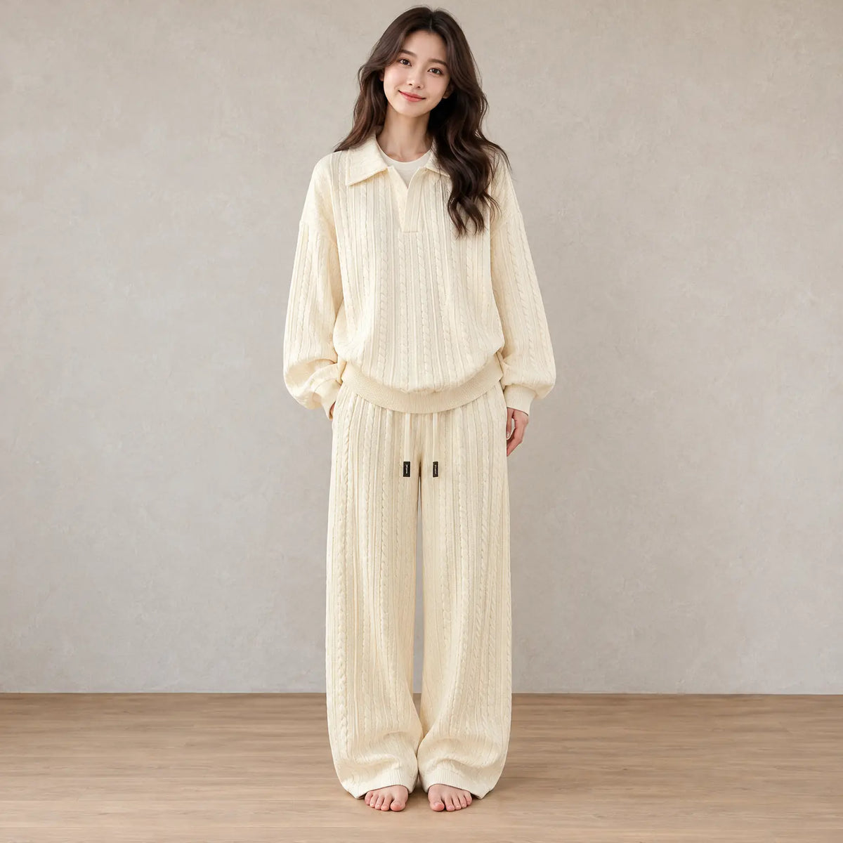 Sweater Set - Women's Cable Knit Collared Pullover & Wide Leg Pants - Beige