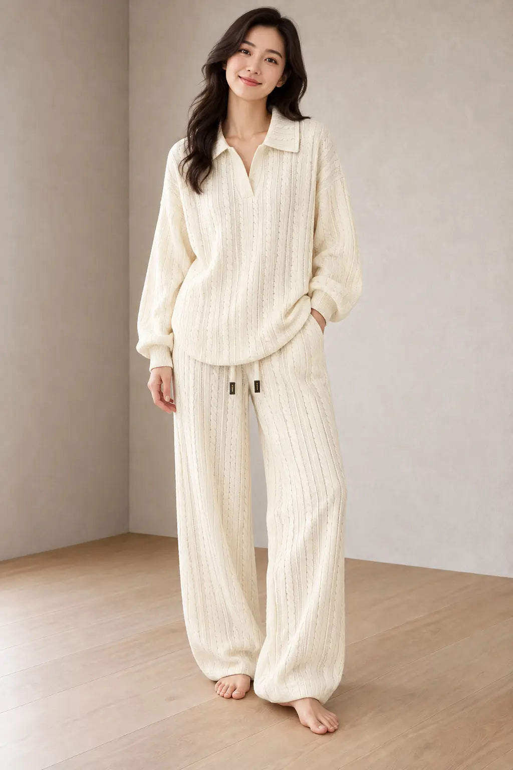 Sweater Set - Women's Cable Knit Collared Pullover & Wide Leg Pants - Beige