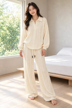 Sweater Set - Women's Cable Knit Collared Pullover & Wide Leg Pants - Beige