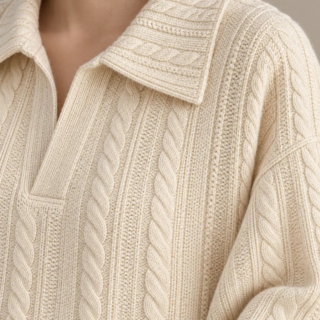 Sweater Set - Women's Cable Knit Collared Pullover & Wide Leg Pants - Beige