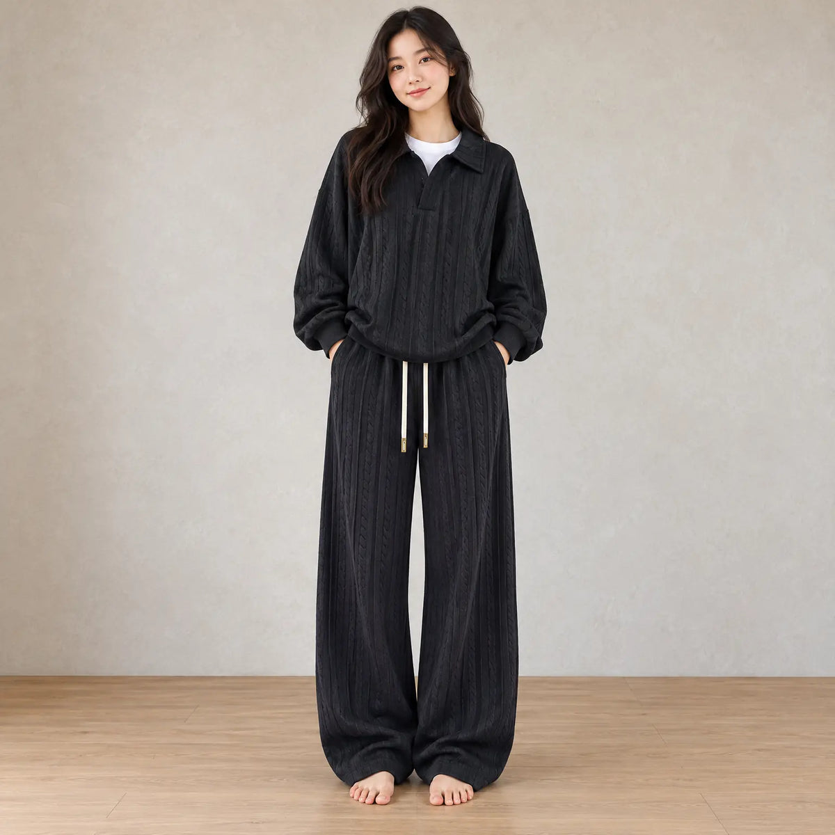 Sweater Set - Women's Cable Knit Collared Pullover & Wide Leg Pants - Black